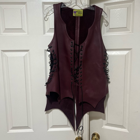 Burgundy women L Leather Lace-Up Corset Vest Gothic Steampunk Biker Victorian - Picture 2 of 12